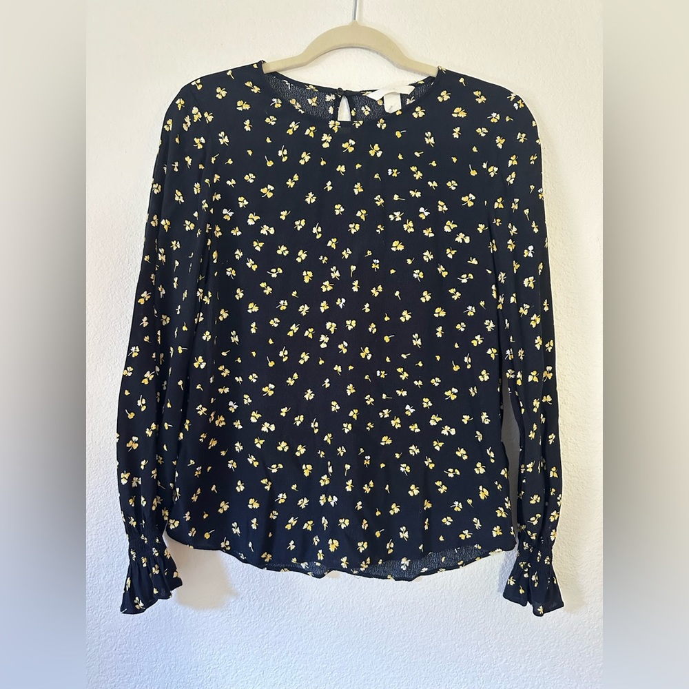 H&M Long Sleeves Dark Blue with Yellow Flowers Top Blouse Size 4